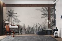 Vintage Tropical Botanical Monochrome Mural for a study area.