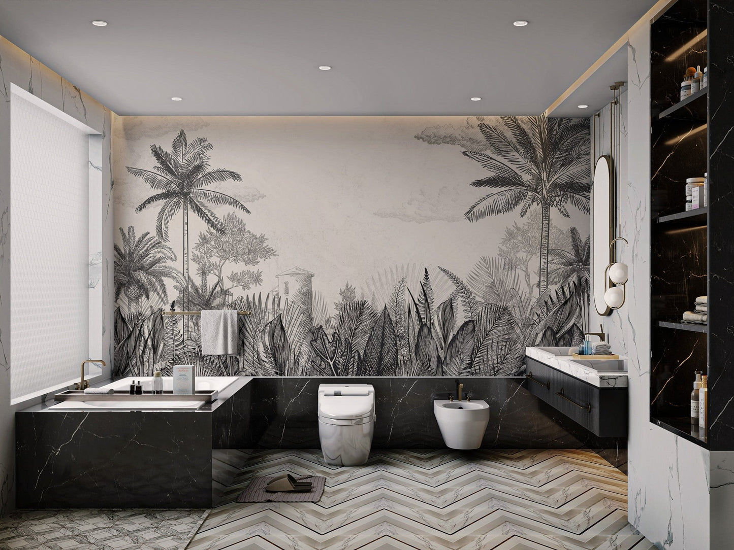 Antique style monochrome wall mural for a modern bathroom.