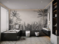Antique style monochrome wall mural for a modern bathroom.