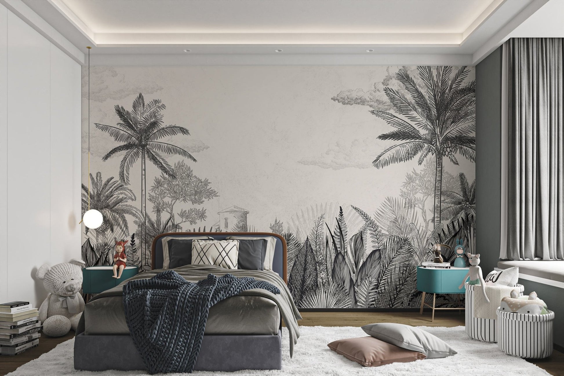 Detailed monochrome woodland wall mural with sketch style forest.