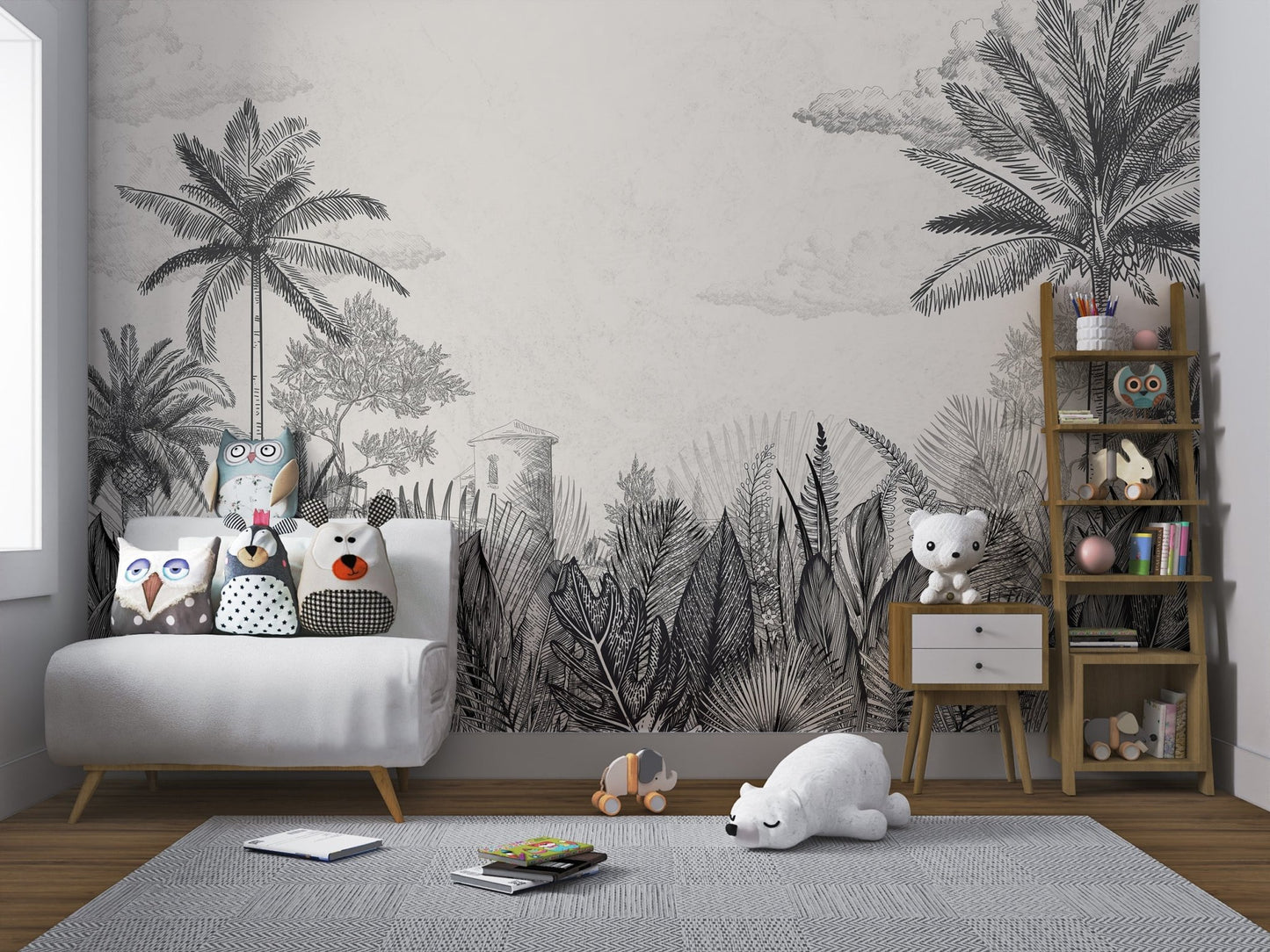 Grey and white tropical landscape wall mural for a kids playroom.