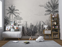 Grey and white tropical landscape wall mural for a kids playroom.