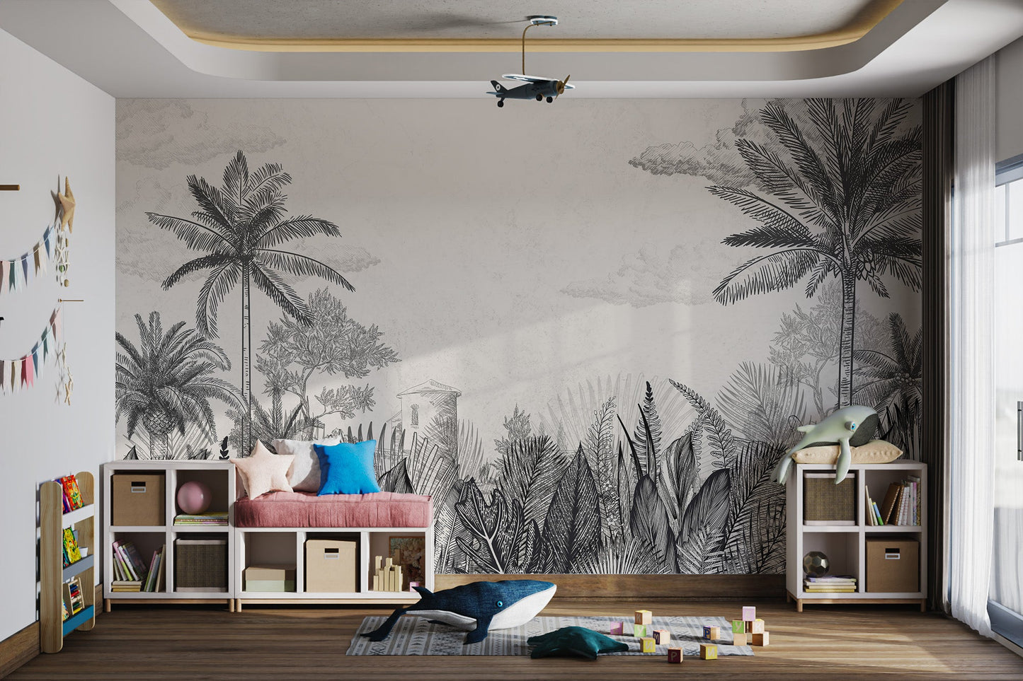 Detailed tropical plant wall mural for a bright kids playroom.