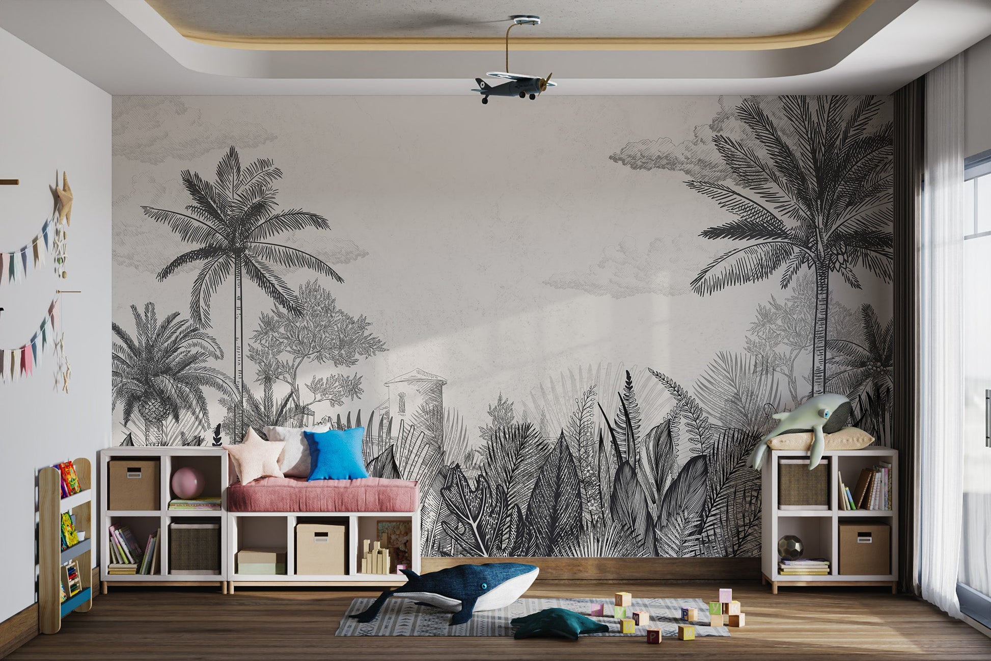 Detailed tropical plant wall mural for a bright kids playroom.