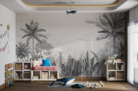 Detailed tropical plant wall mural for a bright kids playroom.