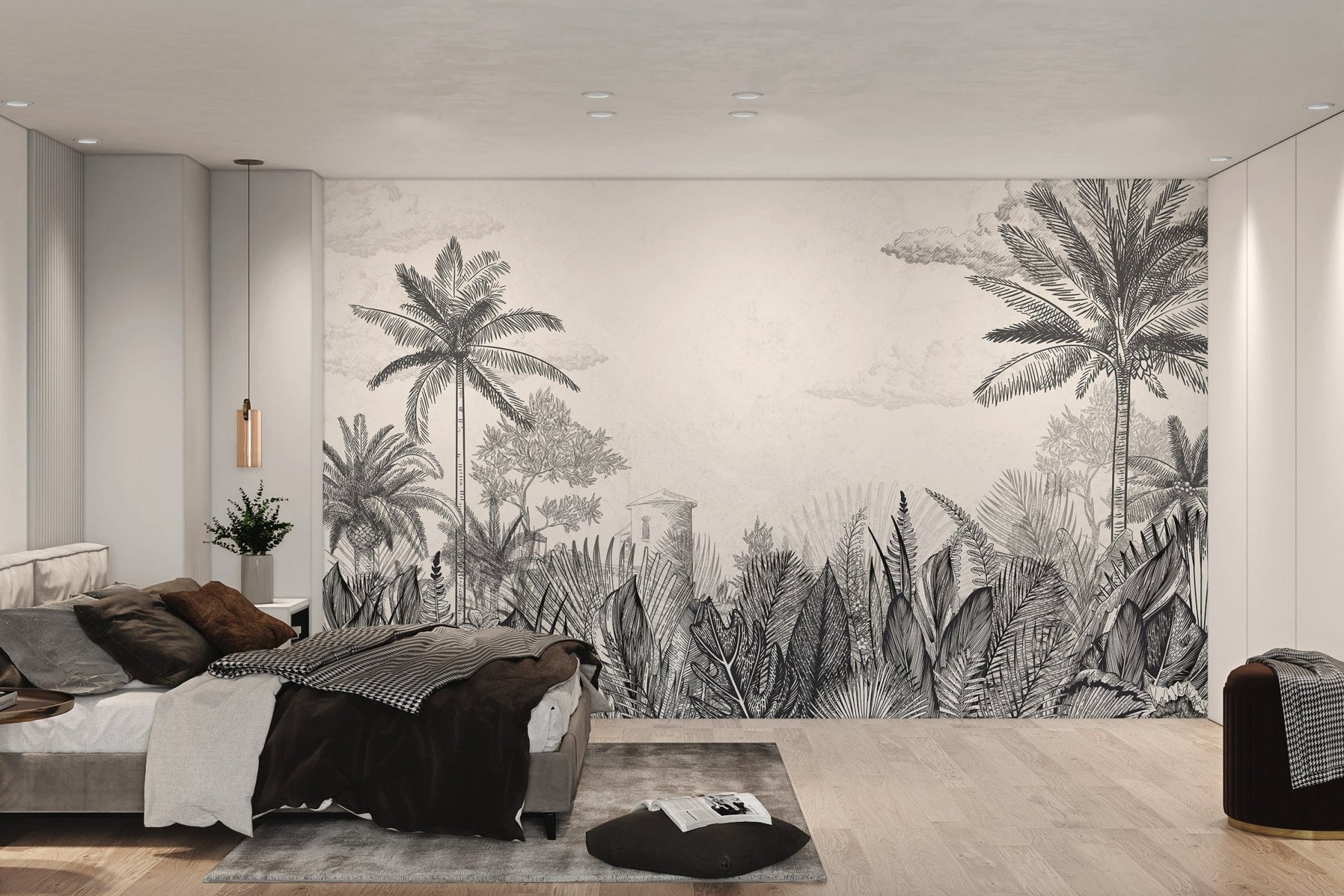 Fineline tropical sketch wall mural for a master bedroom.