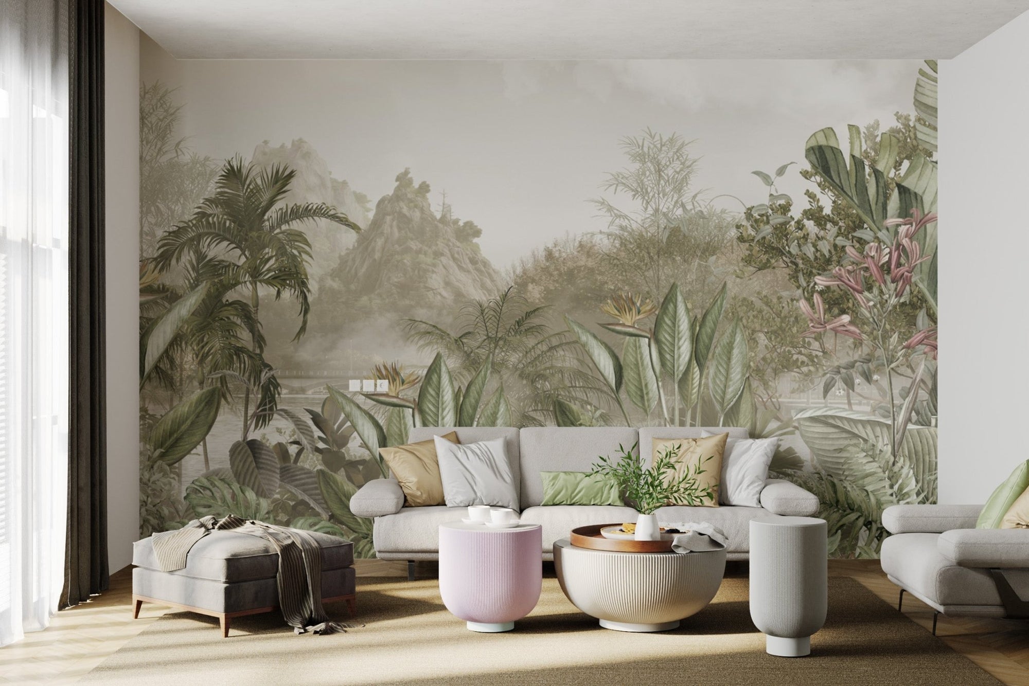 Serene tropical wallpaper murals with misty mountains