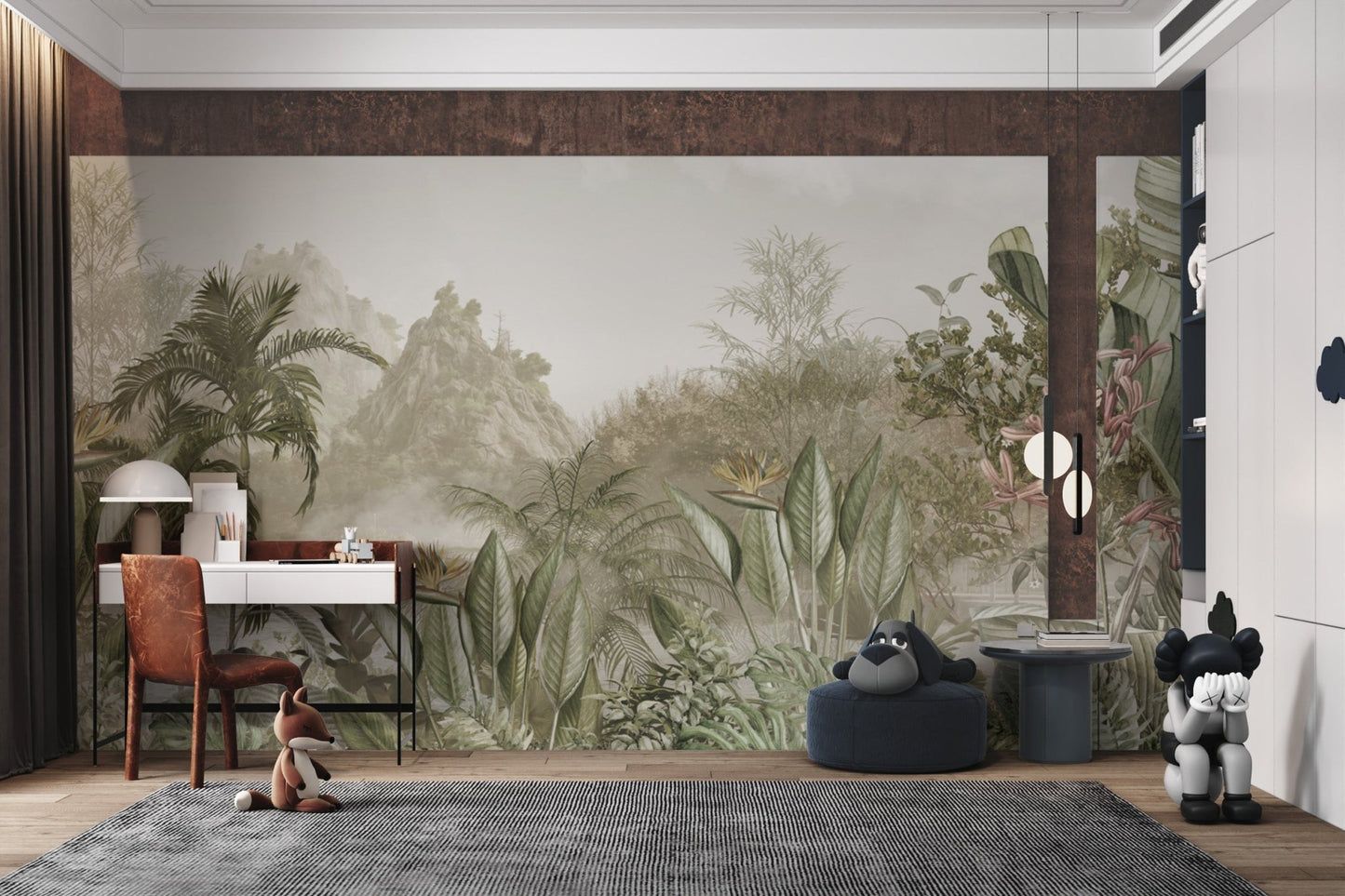 Exotic botanical wallpaper murals in muted green tone mural