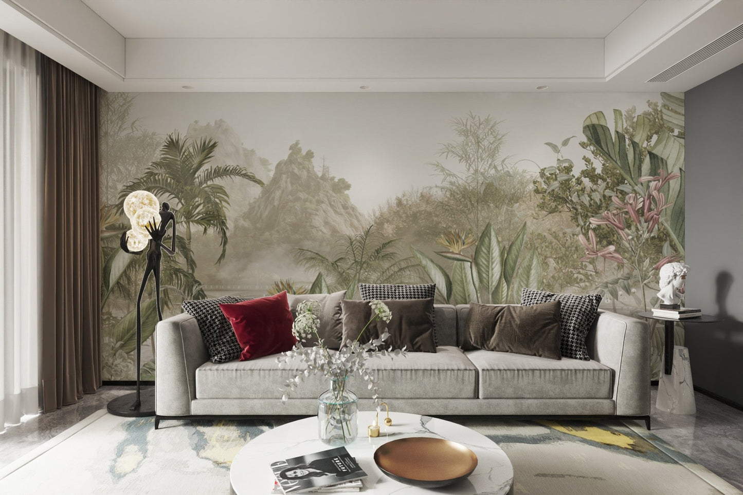 Scenic jungle landscape wall murals with white flowers