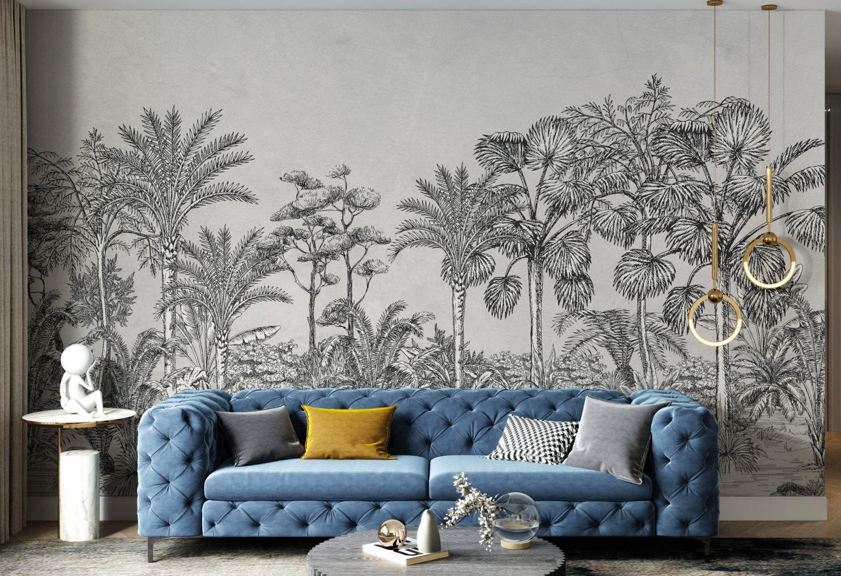 Vintage Tropical Forest Wall mural sketch for living room.