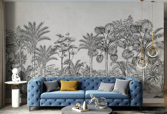 Vintage Tropical Forest Wall mural sketch for living room.
