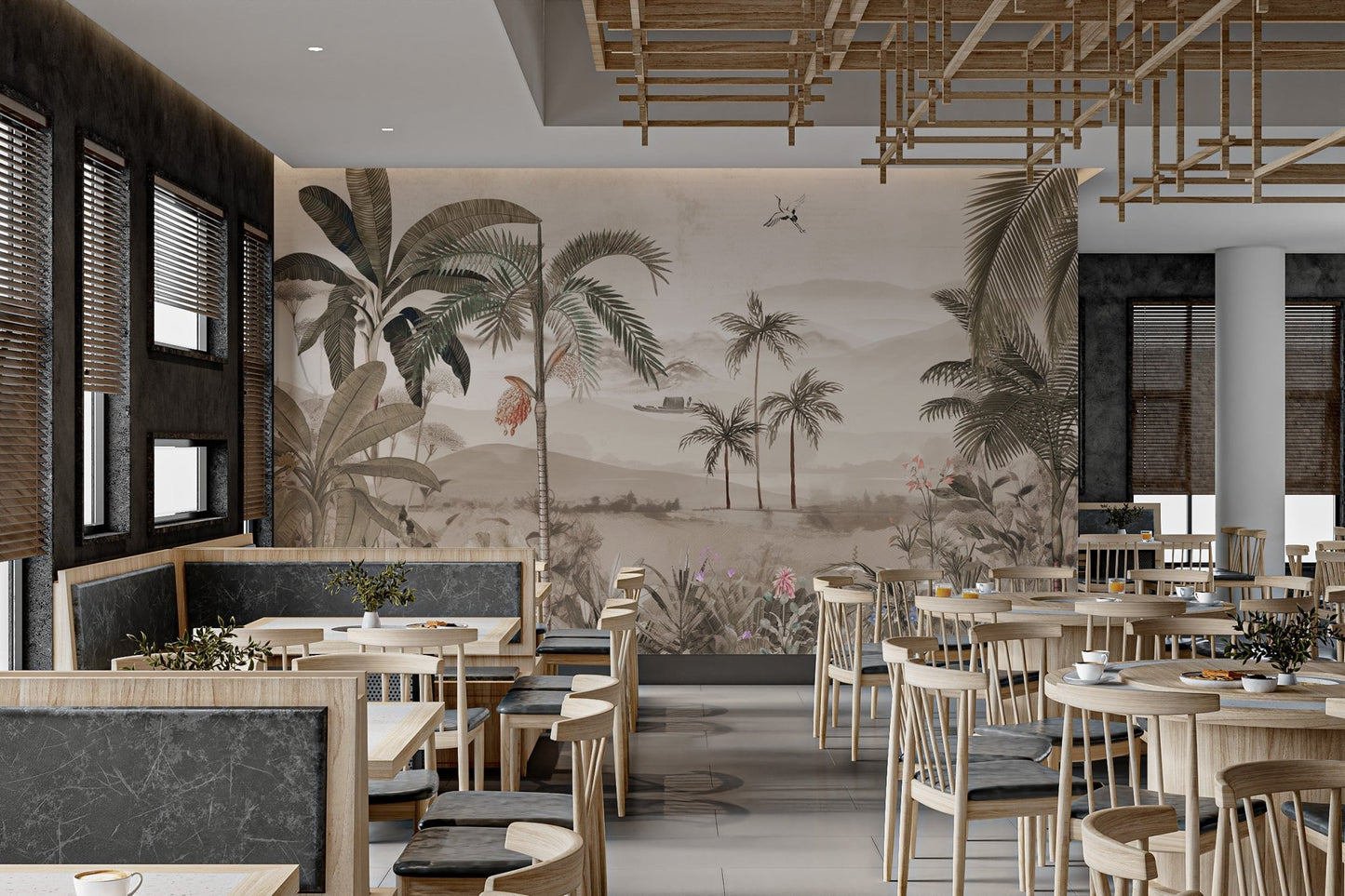 Small boat on a lake in a vintage tropical landscape wall mural for cafe interior.