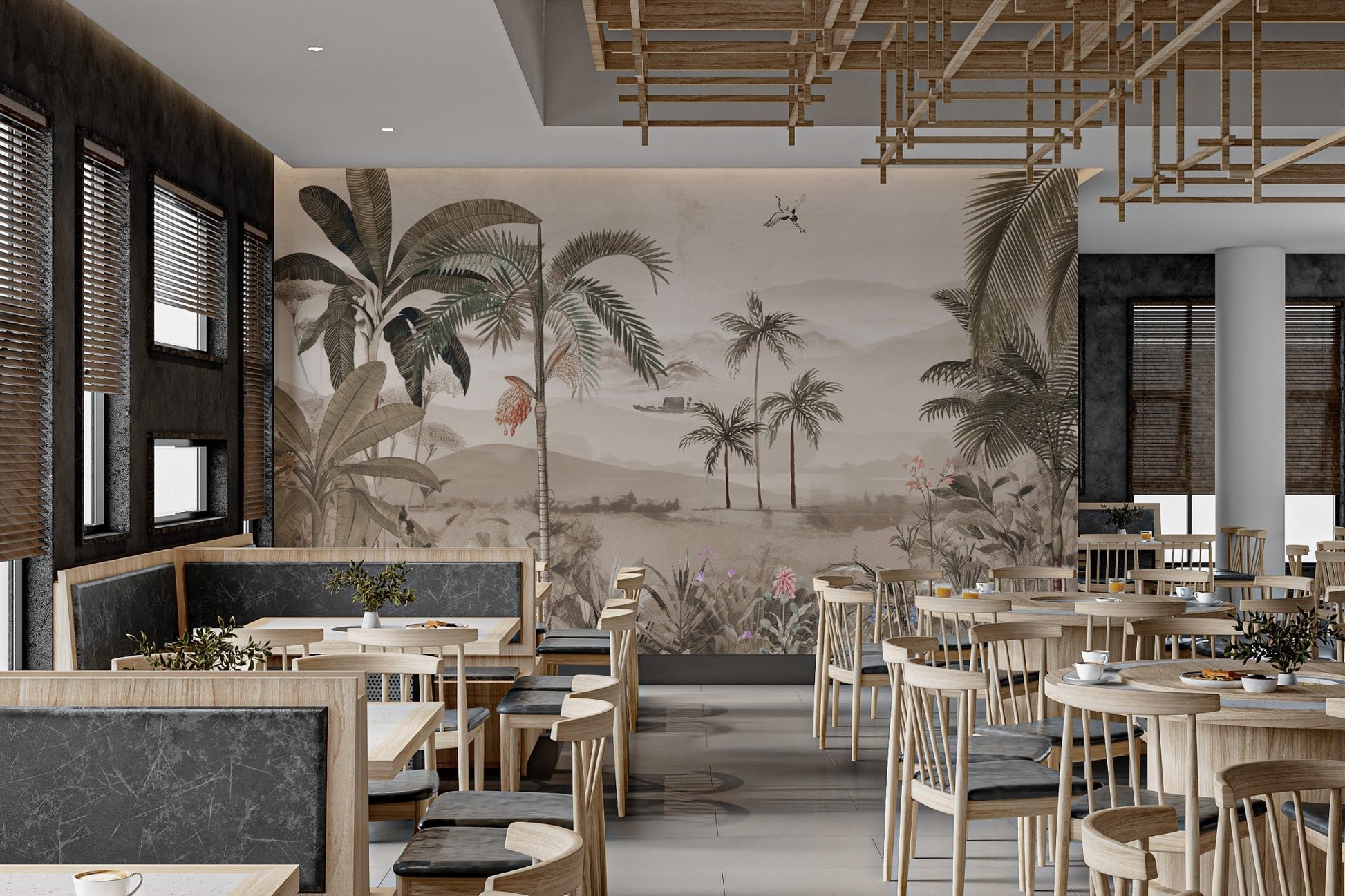 Small boat on a lake in a vintage tropical landscape wall mural for cafe interior.
