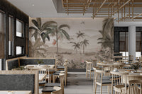 Small boat on a lake in a vintage tropical landscape wall mural for cafe interior.