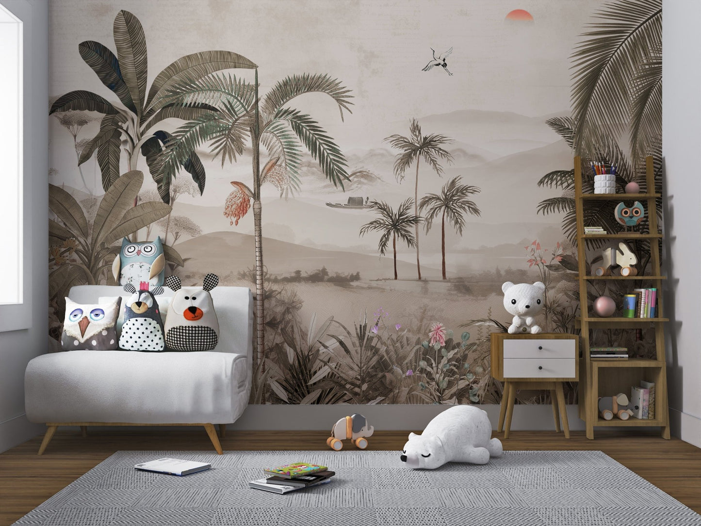 Flying crane bird over mountains in a vintage wall mural for nursery.