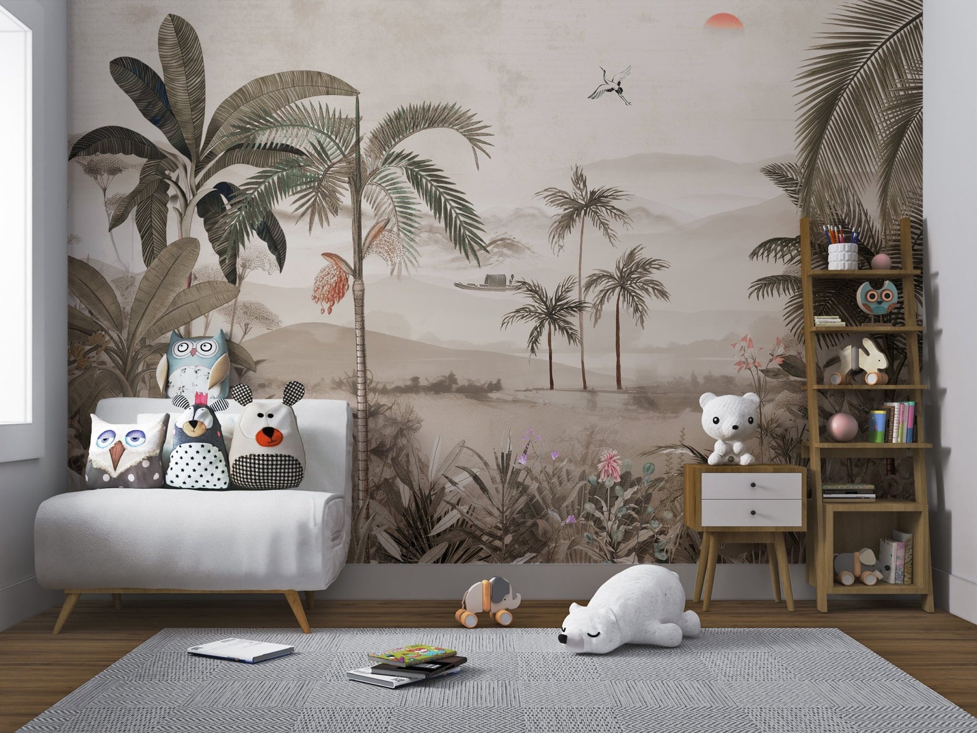 Flying crane bird over mountains in a vintage wall mural for nursery.