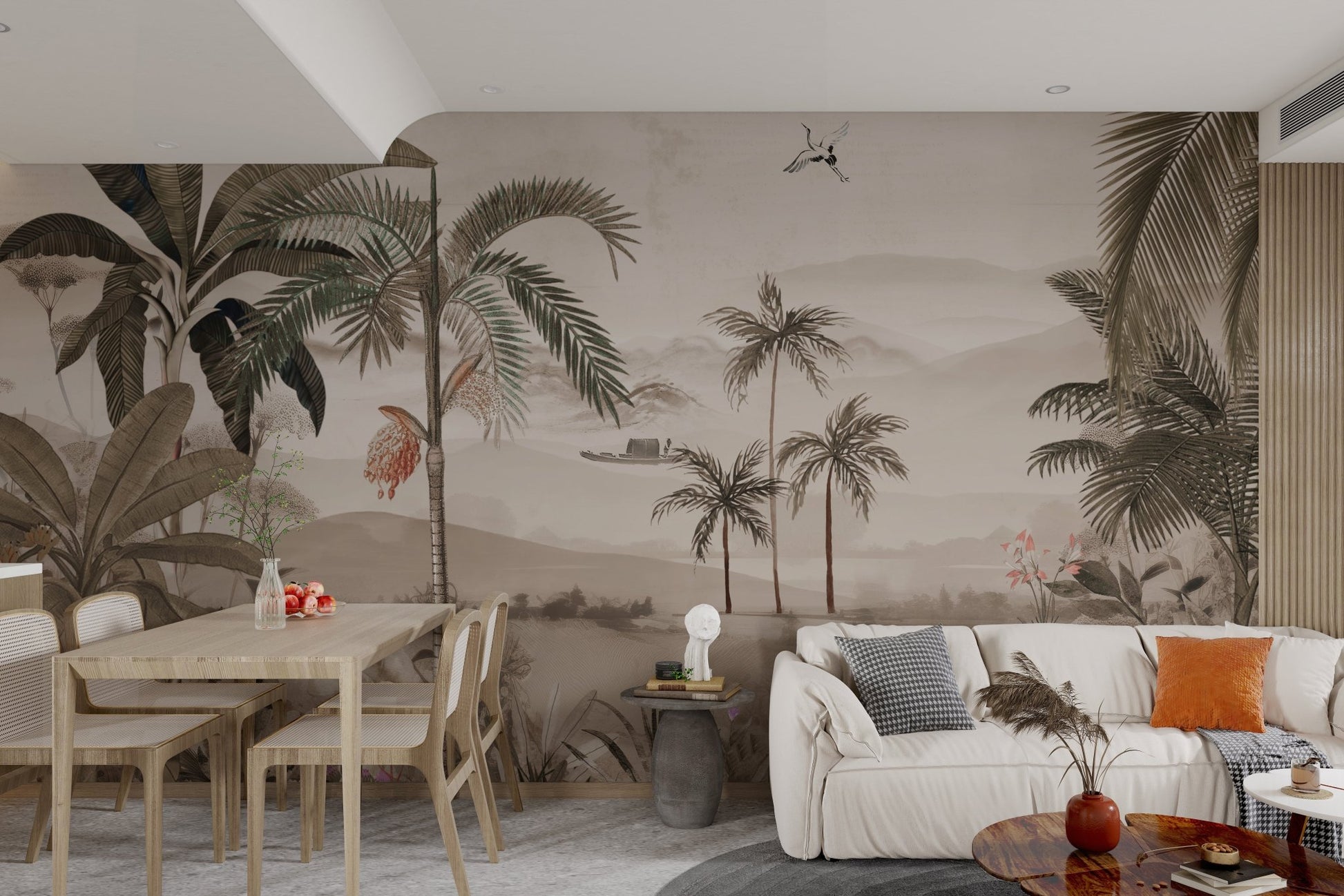 Muted botanical plants and flowers at the base of a wall mural