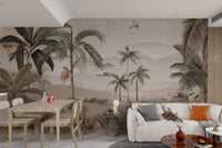 Muted botanical plants and flowers at the base of a wall mural