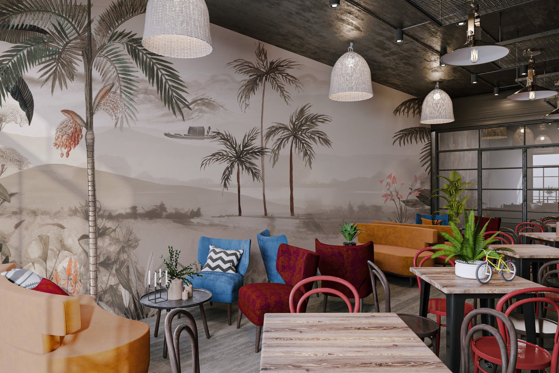 Neutral color palette vintage jungle landscape wall mural.