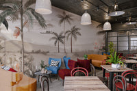 Neutral color palette vintage jungle landscape wall mural.
