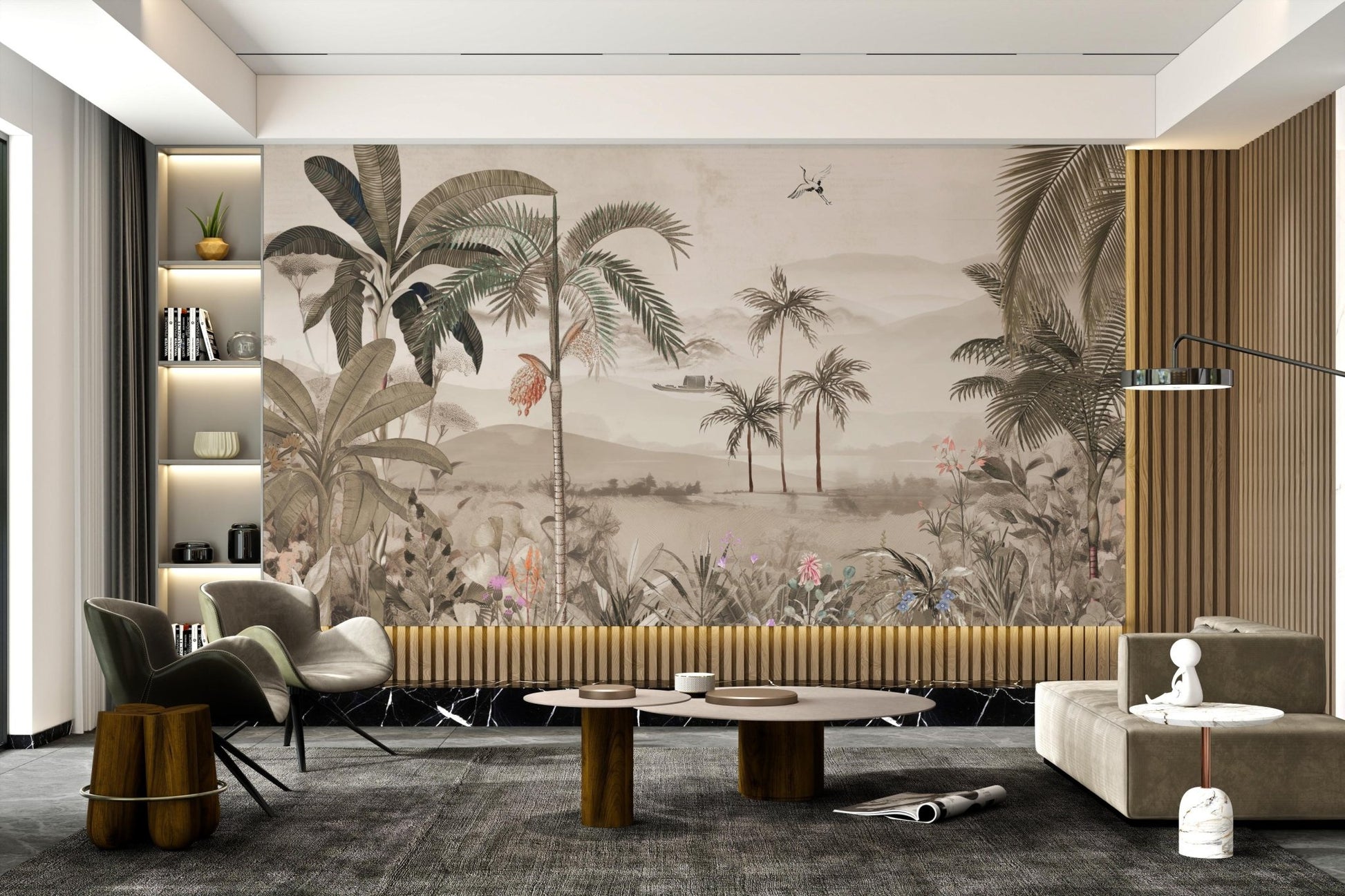 Palm trees and mountain scenery in a vintage wall mural for modern office.