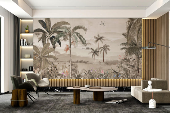 Palm trees and mountain scenery in a vintage wall mural for modern office.