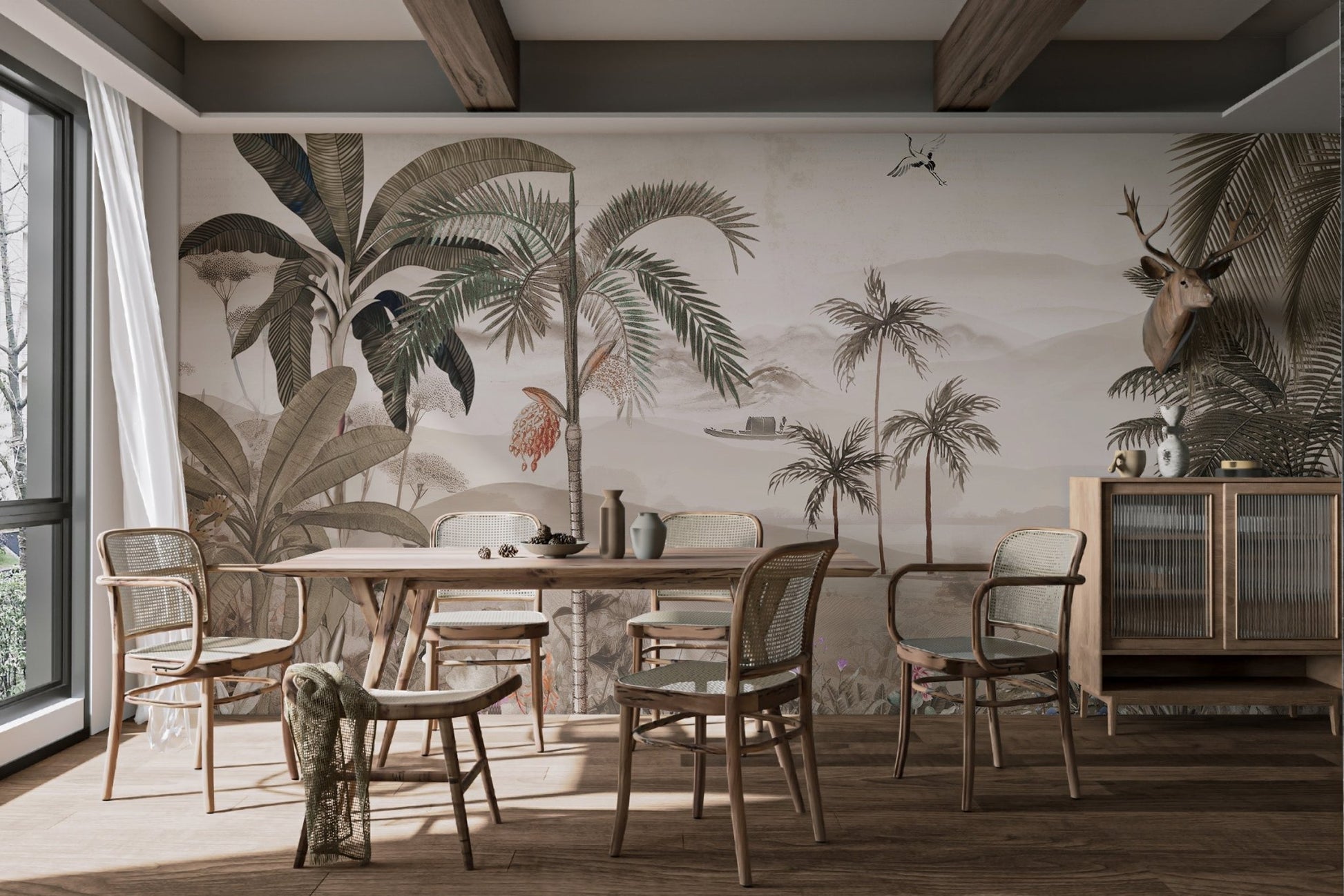 Traditional illustrative style tropical wall mural with mountains in dining room.