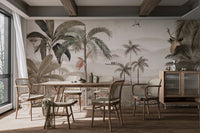 Traditional illustrative style tropical wall mural with mountains in dining room.