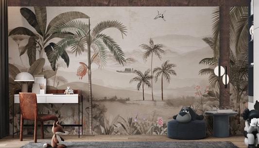 Banana leaf trees and palm silhouettes on a tropical wall mural for study room.