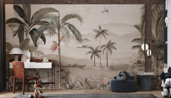 Banana leaf trees and palm silhouettes on a tropical wall mural for study room.