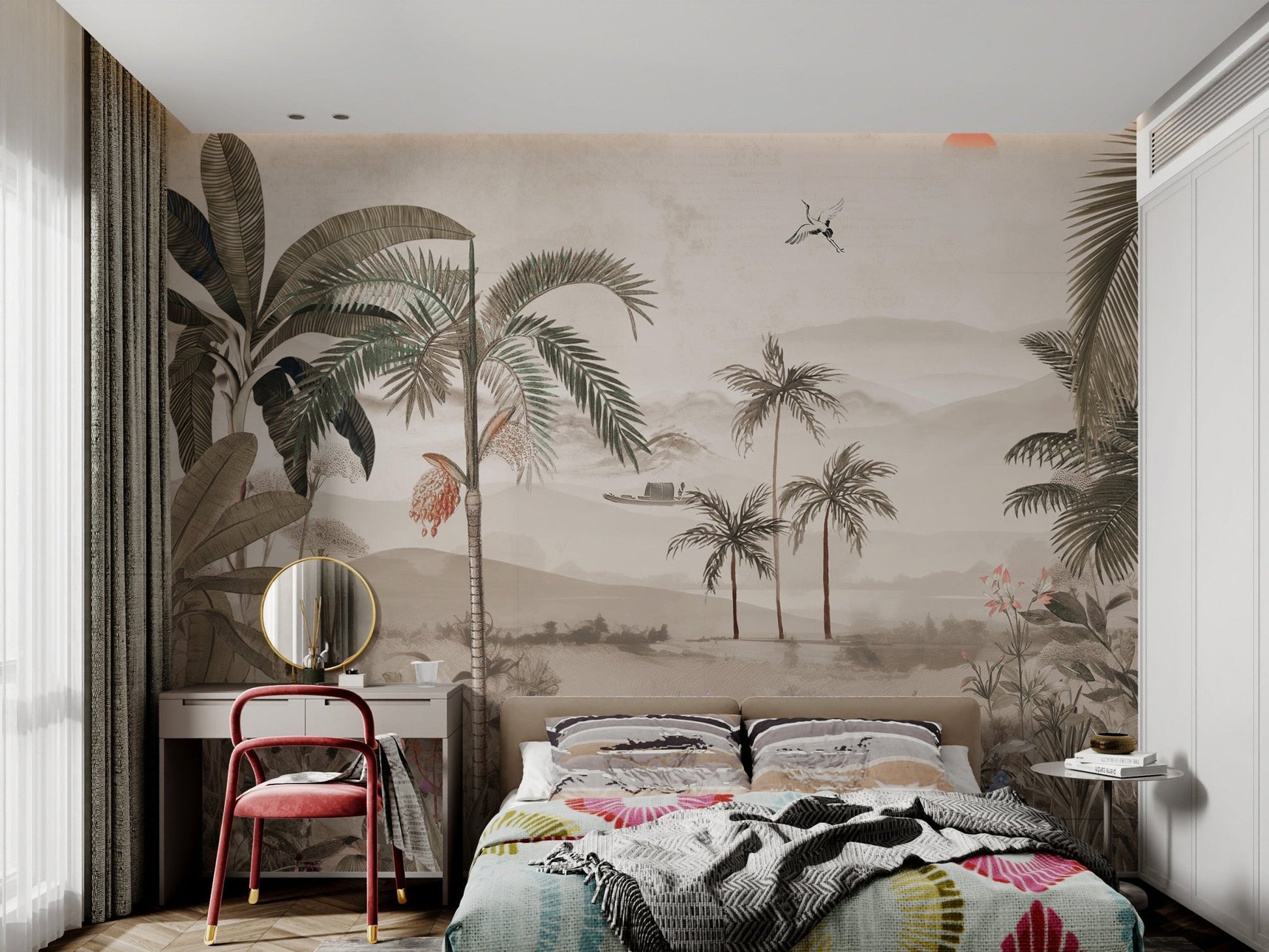 Grey and beige tropical landscape wall mural with a red sun in kids bedroom.