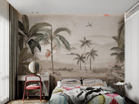 Grey and beige tropical landscape wall mural with a red sun in kids bedroom.