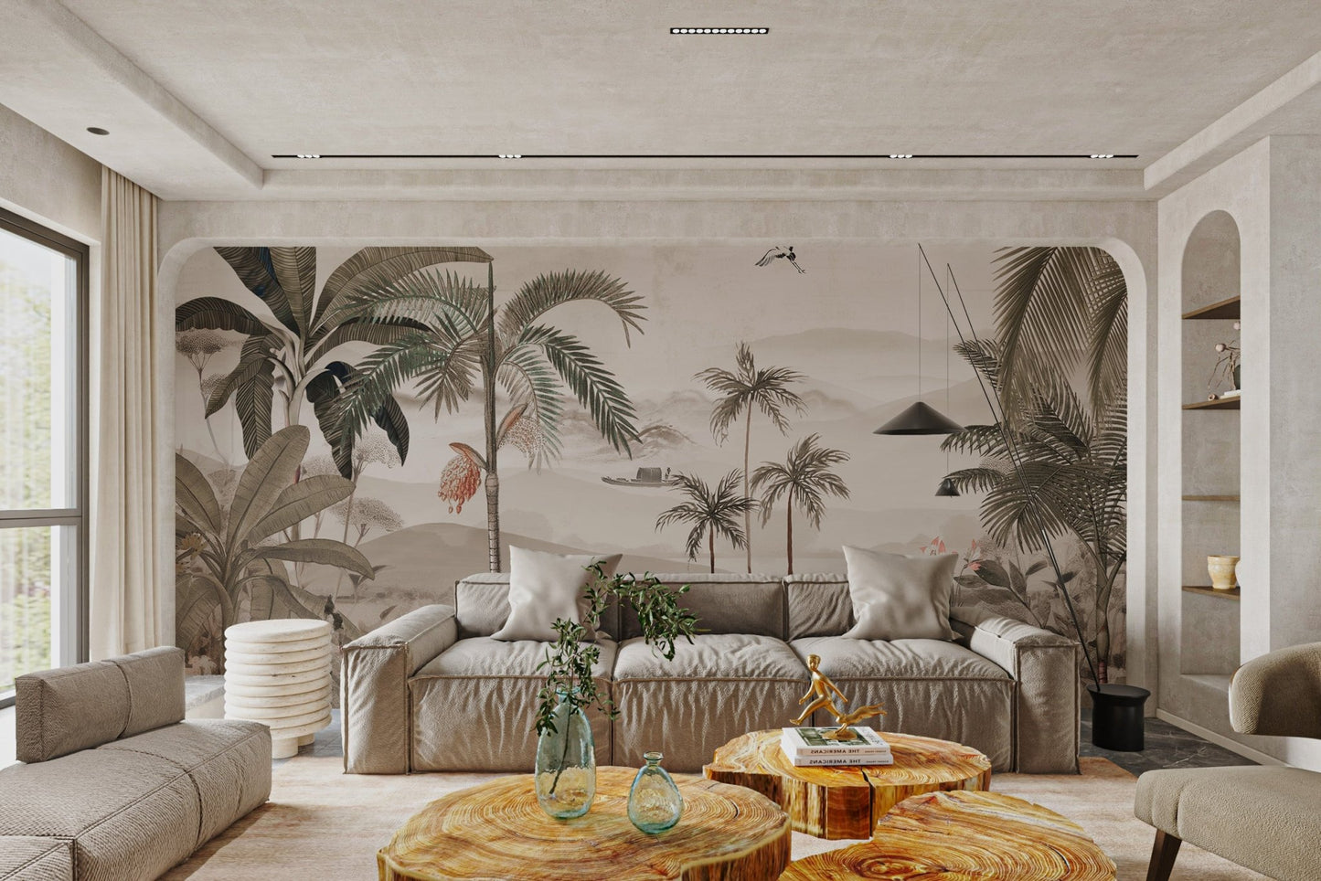 Palm tree silhouettes against a hazy tropical mountain wall mural