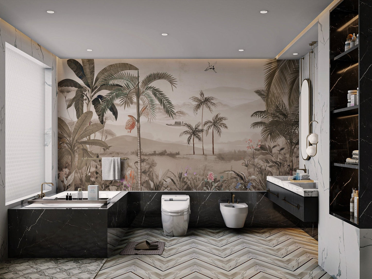 Sepia-toned jungle scenery mural for a modern bathroom feature wall.