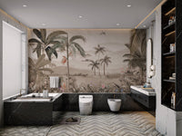 Sepia-toned jungle scenery mural for a modern bathroom feature wall.