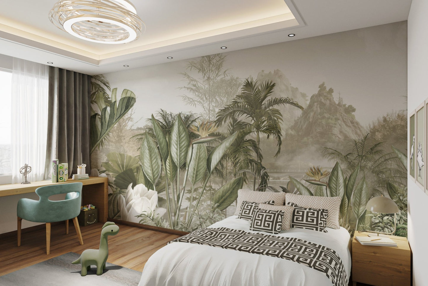 Exotic bird of paradise wall murals with misty peaks
