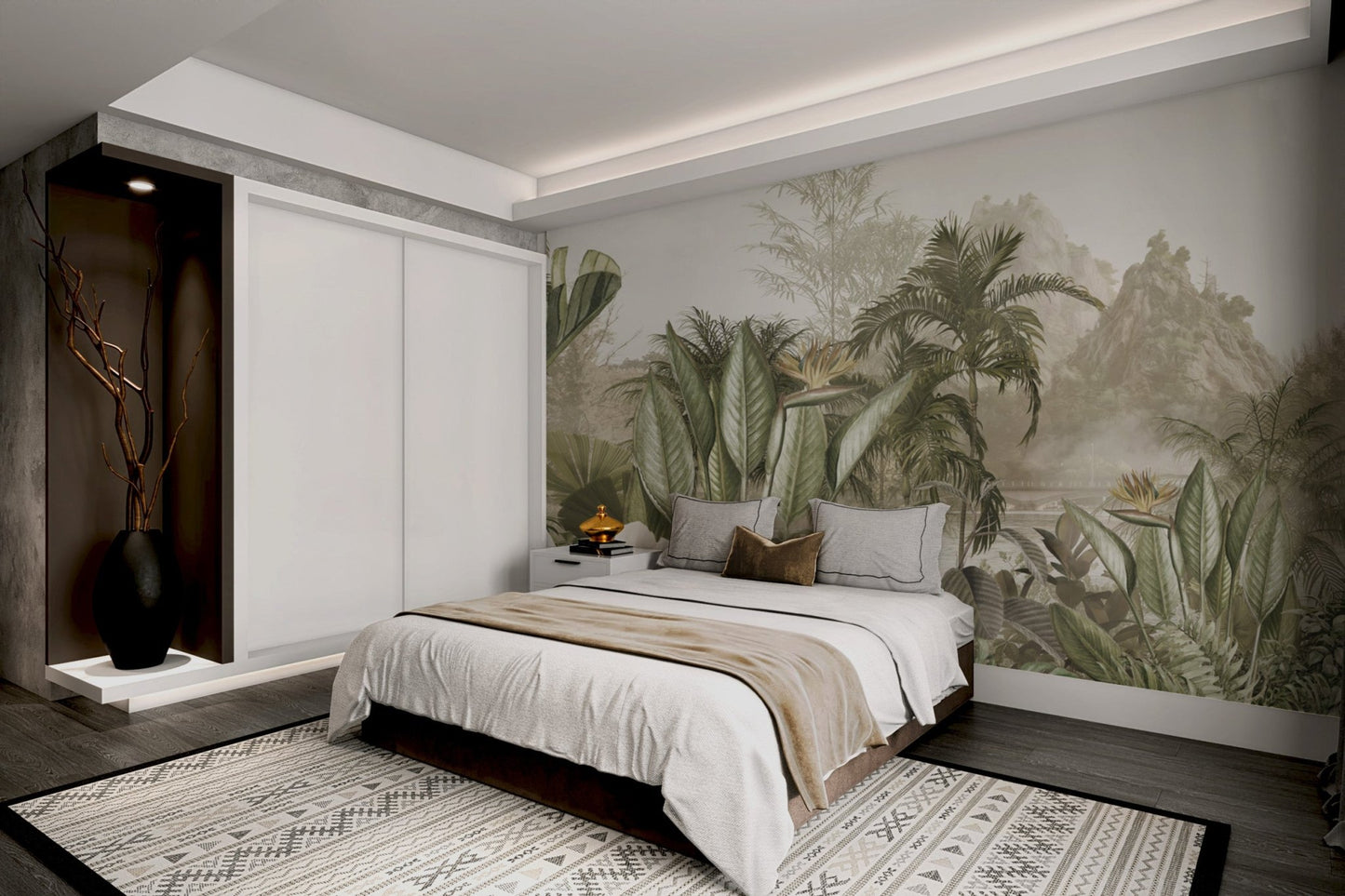 Hand-painted style wall murals of a tropical lagoon