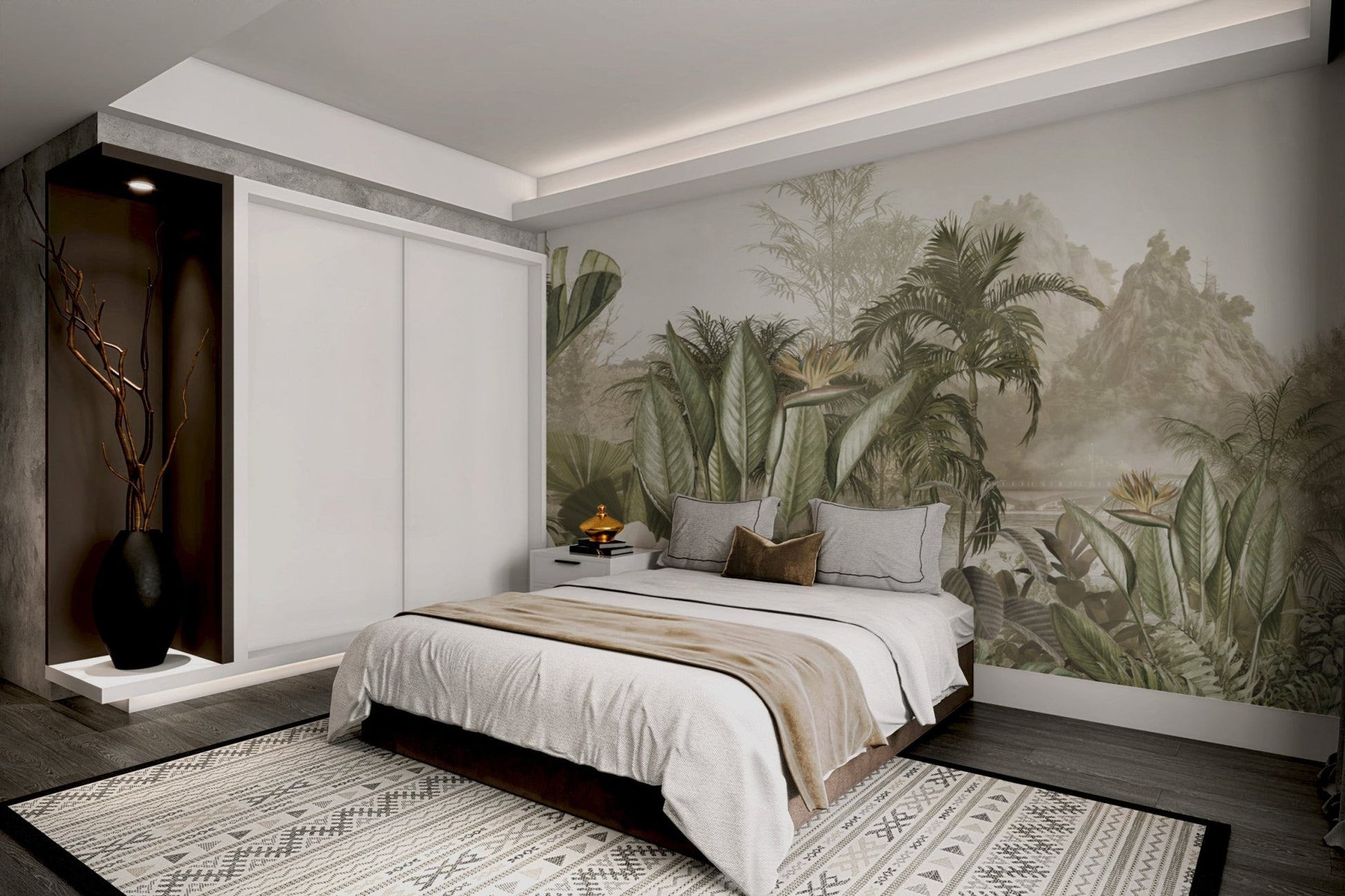 Hand-painted style wall murals of a tropical lagoon