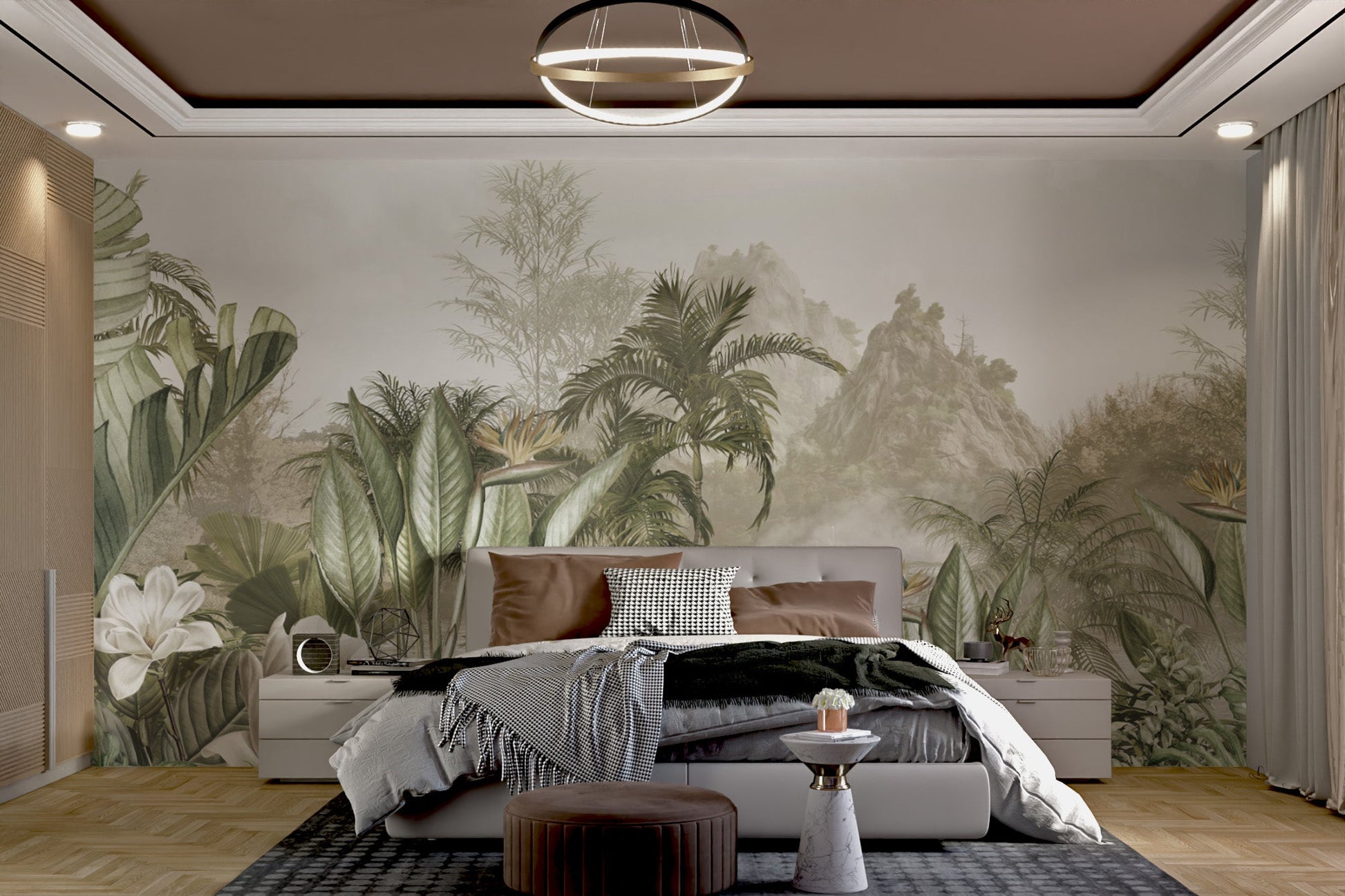 Muted green tropical jungle wallpaper murals for a serene look