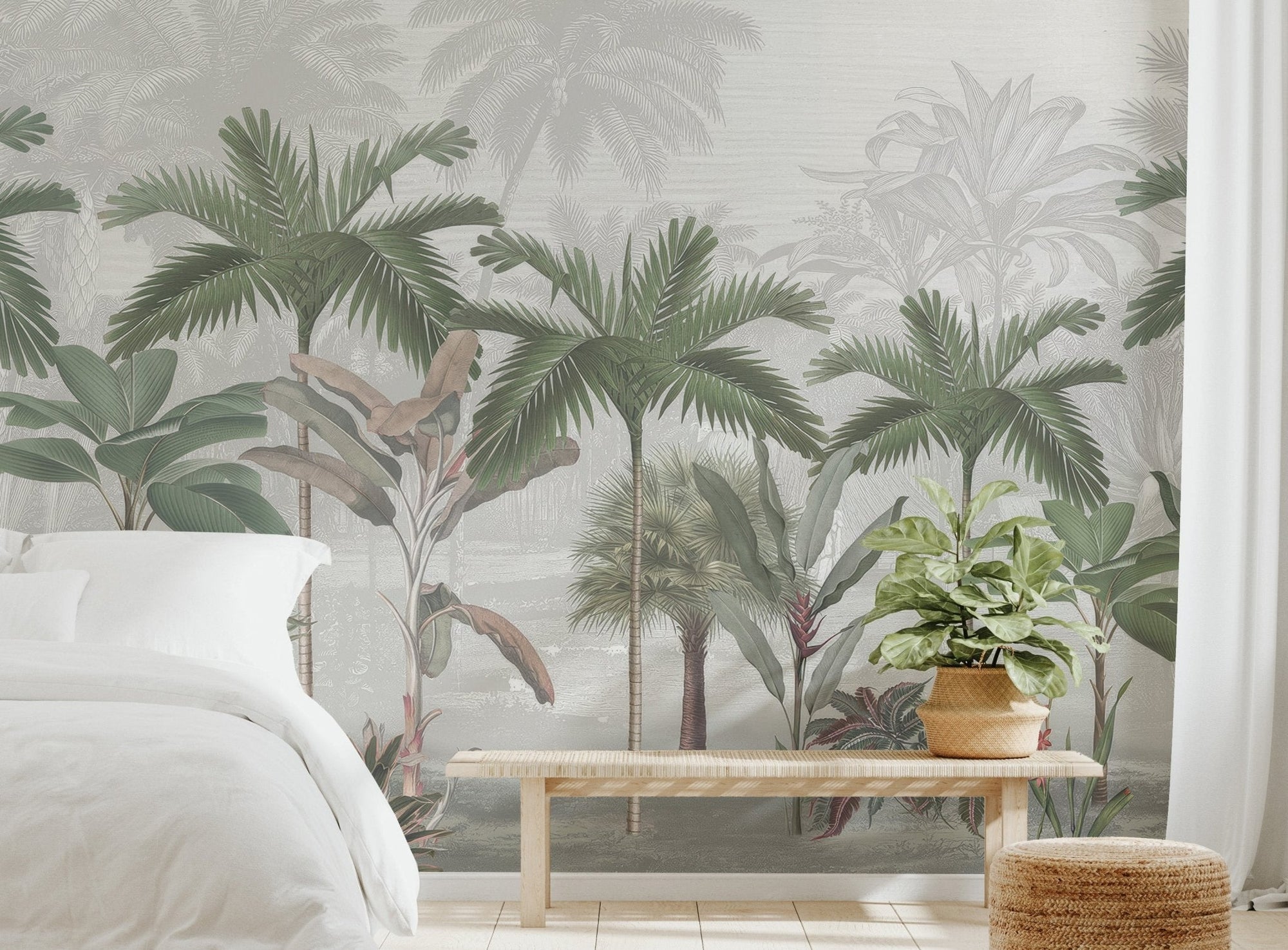 Vintage tropical palm leaf mural with muted green foliage for bedroom.