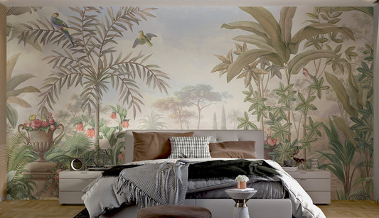 Vintage Tropical Paradise Botanical Mural with green palm in bedroom.