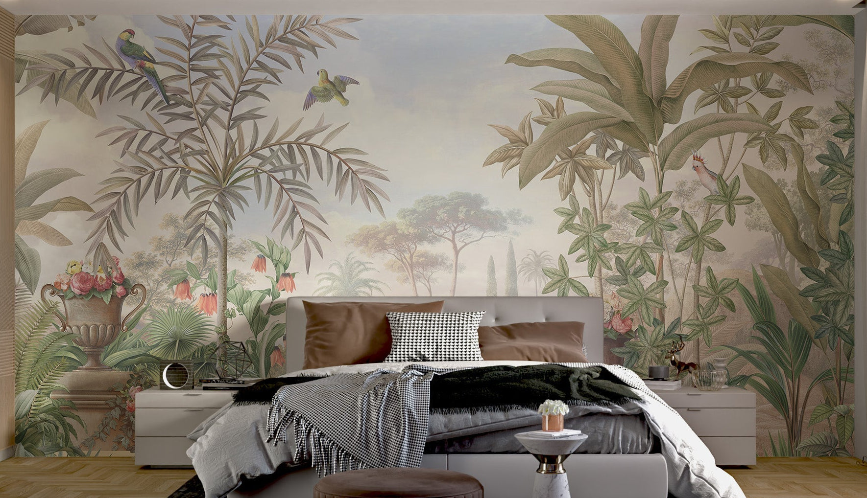 Vintage Tropical Paradise Botanical Mural with green palm in bedroom.