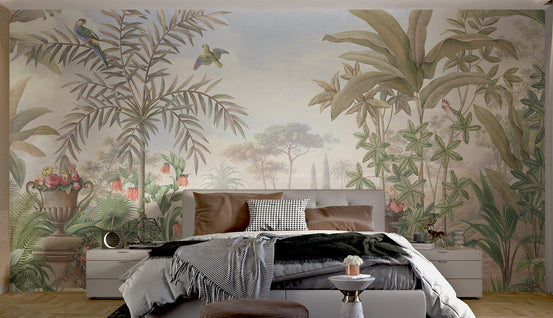 Vintage Tropical Paradise Botanical Mural with green palm in bedroom.