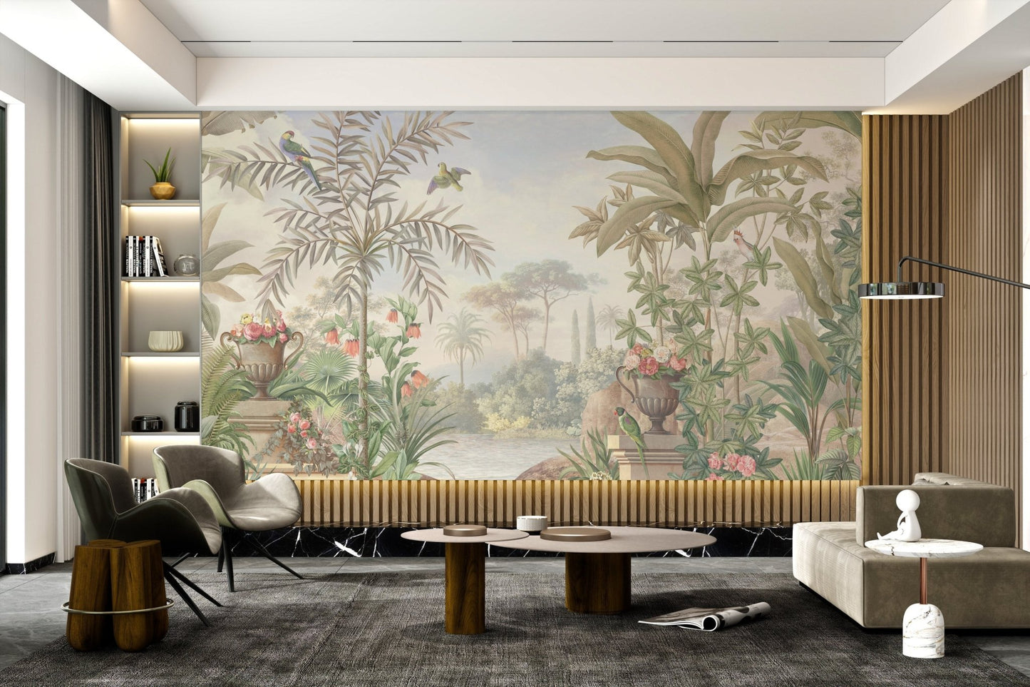 Detailed Vintage Tropical Paradise Mural with green banana trees.
