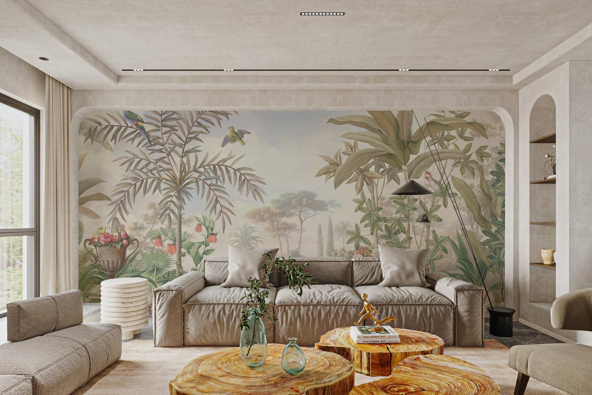 Vintage Tropical Paradise Botanical Mural for sunlit living room.