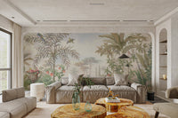 Vintage Tropical Paradise Botanical Mural for sunlit living room.