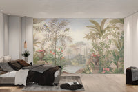 Green tropical palm frond and exotic bird wall mural for master bedroom.