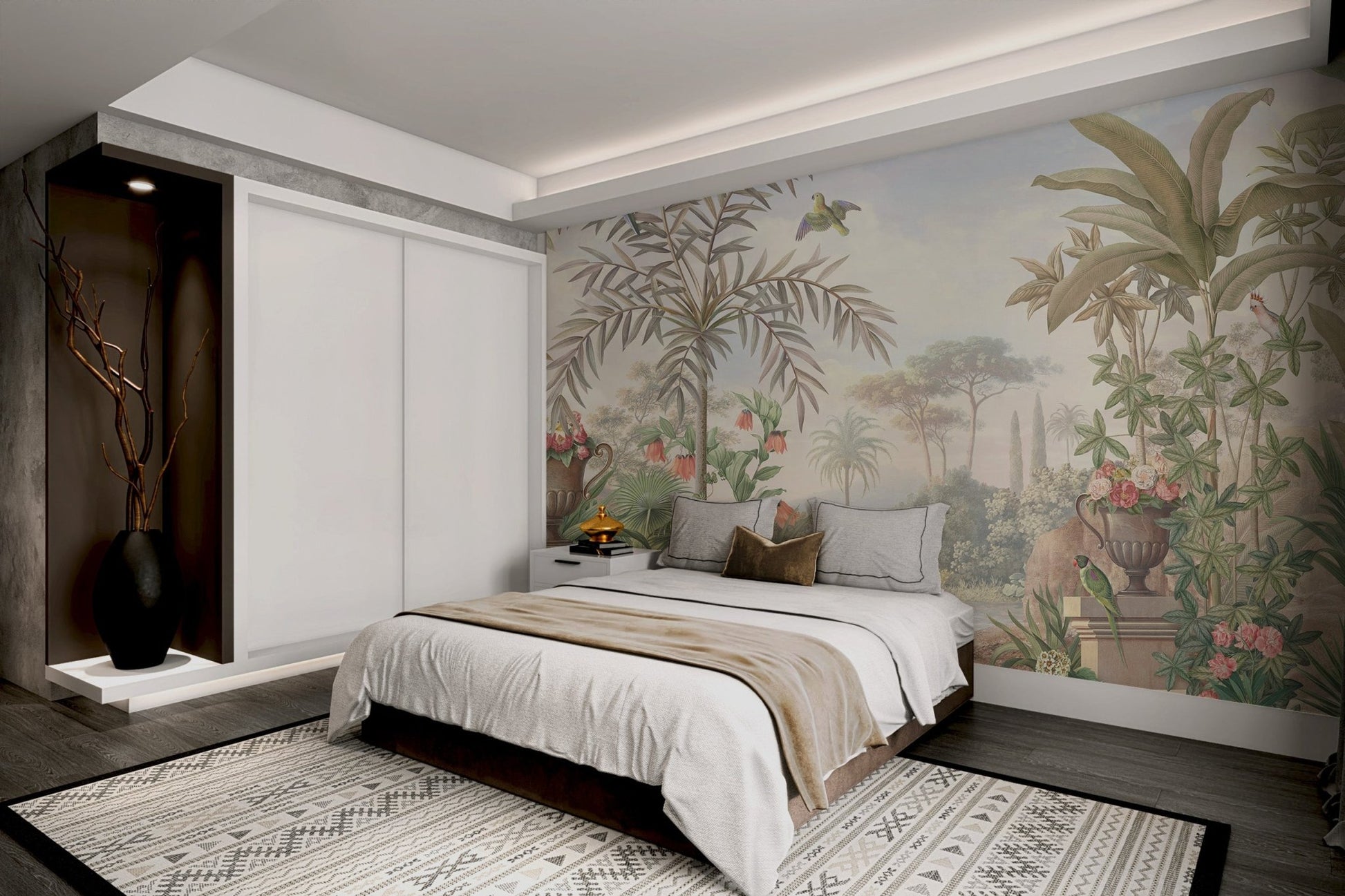Muted green and blue tropical landscape wall mural with river view.