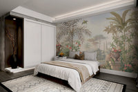 Muted green and blue tropical landscape wall mural with river view.