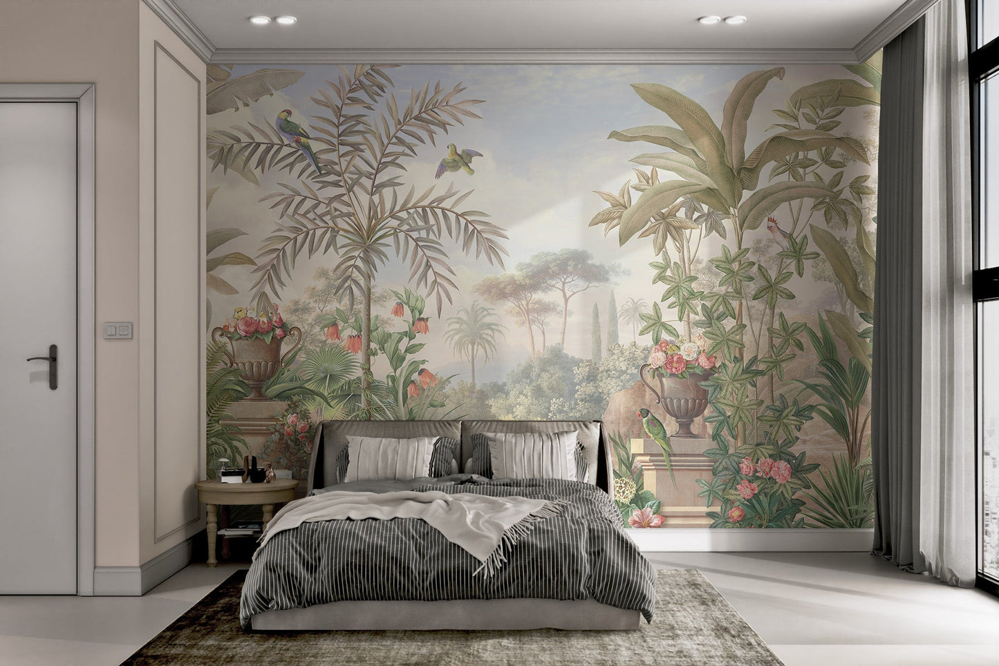 Classic green tropical forest scene wall mural for guest room.